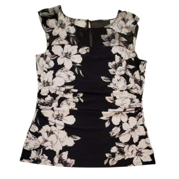 White House Black Market Sleeveless Ruched Black & White Floral Print Top Size L - Picture 1 of 6